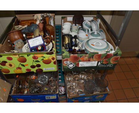 FIVE BOXES OF GLASS, CERAMICS, AND TREEN to include a quantity of Wedgwood Home 'Aztec' dinnerware to include a lidded tureen