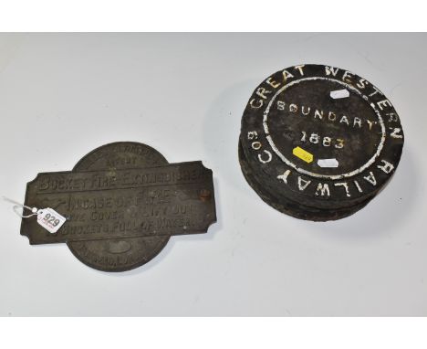 RAILWAY BOUNDARY MARKER AND FIRE SIGNAGE, comprising a Great Western Railway Cos boundary marker, round heavy metal with the 