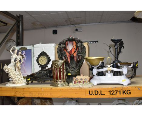 A GROUP OF MISCELLANEOUS ITEMS, to include white cast scales with weights, a modern three arm light fitting and two arm wall 