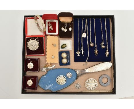 A BOX OF ASSORTED ITEMS, to include seven white metal pendants with chains, including football, duck, clown, teddy, shoe, and