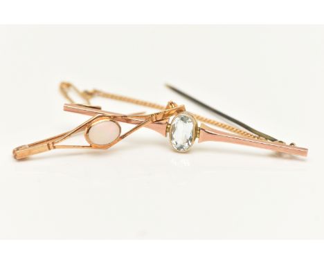 TWO GEM SET BAR BROOCHES, the first set with an oval cut aquamarine, milgrain collet set to the polished bar fitted with a br