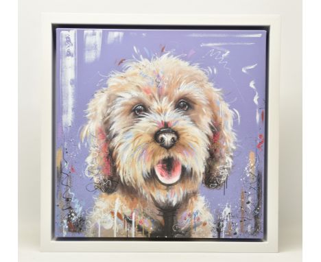 SAMANTHA ELLIS (BRITISH 1992) 'THE INTERESTED PARTY', a signed limited edition print on canvas depicting a portrait of a pupp