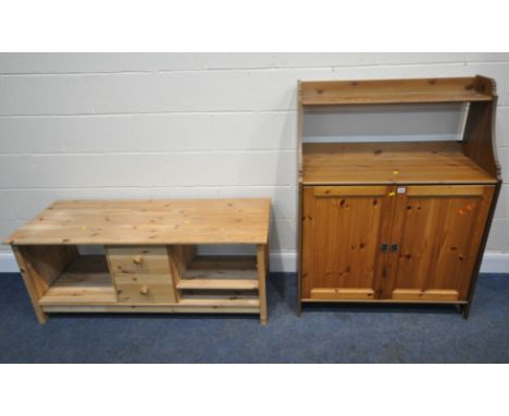 A MODERN PINE DOUBLE DOOR CABINET, with a raised shelf, width 93cm x depth 43cm x height 124cm, along with a tv stand, with t
