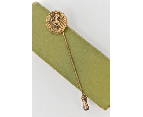A RENE LALIQUE 'A LE POILU' GILT METAL STICK PIN, dated 1915, cast mark Le Poilu 1915 with Lalique, 7cm long, with safety cap