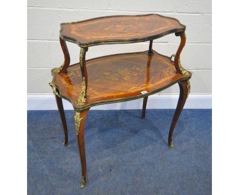 A LOUIS XV STYLE FRENCH MARQUETRY TWO TIER ETAGERE, with brass handles, mounts and edges, raised on cabriole legs, width 84cm