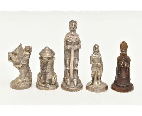 FIVE WHITE METAL MEDIEVAL CHESS PIECES, to include a king stamped 'Silver', approximate gross weight 130.6 grams, a toned Bis