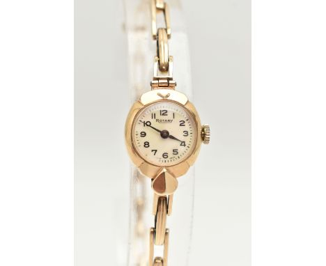 A LADIES 9CT GOLD 'ROTARY' WRISTWATCH, manual wind, round mother of pearl dial signed 'Rotary', Arabic numerals, blue steel h