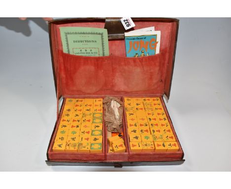 TRADITIONAL VINTAGE LEATHER CASED CHINESE GAME OF MAH JONG, Mah Jong set in a fitted leather case together with four tile tra