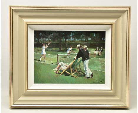 SHERREE VALENTINE DAINES (BRITISH 1959) 'PERFECT MATCH', a signed limited edition print of figures playing tennis, 99/195 wit