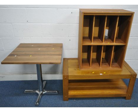 A JB GLOBAL LIGHT OAK RECTANGULAR COFFEE TABLE, width 106cm x depth 54cm x height 48cm, a record cabinet, and a table, condit