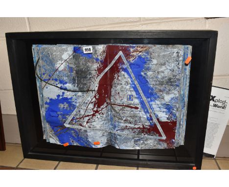 DENIS BROWN (CONTEMPORARY) 'MANUSCRIPT', A 3D MIXED MEDIA WORK OF ART, composed of a book with calligraphy and burnt electric