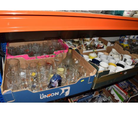 FIVE BOXES AND LOOSE MIXED CERAMICS AND GLASSWARE to include two boxes of mostly advertising glasses of various whisky manufa
