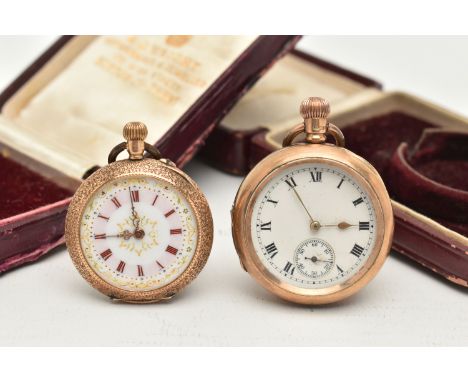 TWO SMALL OPEN FACE POCKET WATCHES WITH CASES, the first a 9ct gold open face, manual wind pocket watch AF, round white Roman