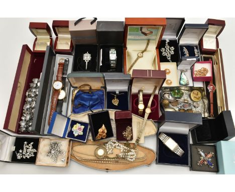 A BOX OF ASSORTED COSTUME JEWELLERY AND LADIES FASHION WRISTWATCHES, to include cultured pearl necklaces, a large polished tu