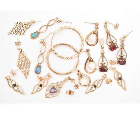 SEVEN PAIRS OF EARRINGS AND TWO PENDANTS, to include a pair of yellow metal hoops stamped 9ct, two matching pairs of yellow m