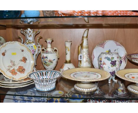 MIXED CERAMICS to include a Royal Worcester urn shaped vase with colourful bird and flowers and gilt edges, bearing a puce ba