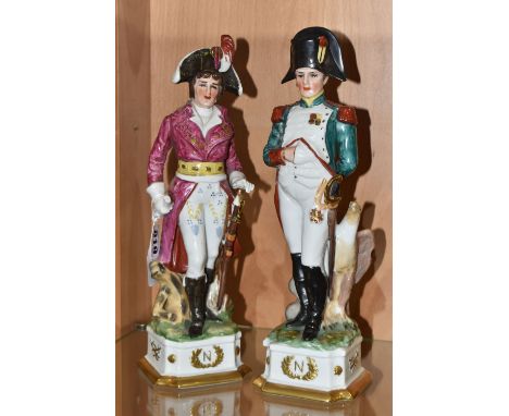 TWO CAPODIMONTE-STYLE NAPOLEONIC FIGURES comprising Napoleon with his hand under his jacket beside an eagle (chip to the pain