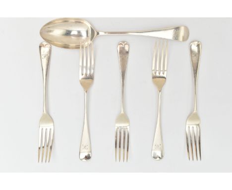 A SET OF FIVE LATE VICTORIAN SILVER FORKS AND A TABLESPOON, Hanoverian pattern, each piece engraved with the initial 'H' to t