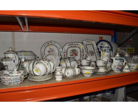 A LARGE GROUP OF MOSTLY SPODE CHINESE ROSE DINNERWARES to include a lidded tureen (dull when tapped), a vegetable plate, two 