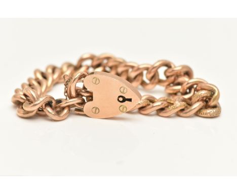 A ROSE METAL CURB LINK BRACELET WITH HEART PADLOCK CLASP, alternating textured and polished hollow links, rubbed unclear stam