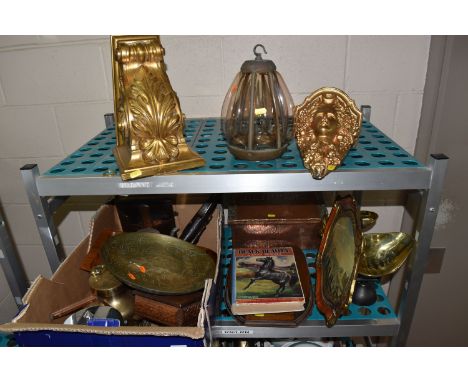 ONE BOX AND LOOSE MISCELLANEOUS ITEMS to include a Chinese brass bowl with etched dragons and a central character, a group of
