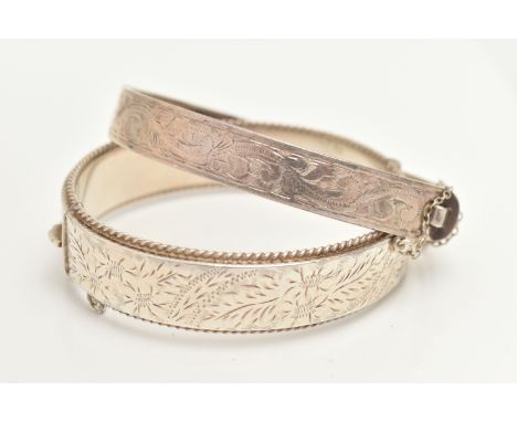 TWO SILVER BANGLES, the first a hinged bangle with etched floral and rope detail, approximate width 16mm, hallmarked Birmingh