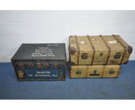 A LARGE BLUE TRAVELLING TRUNK, width 83cm x depth 54cm x height 48cm, along with two wooden banded cases, condition report: a