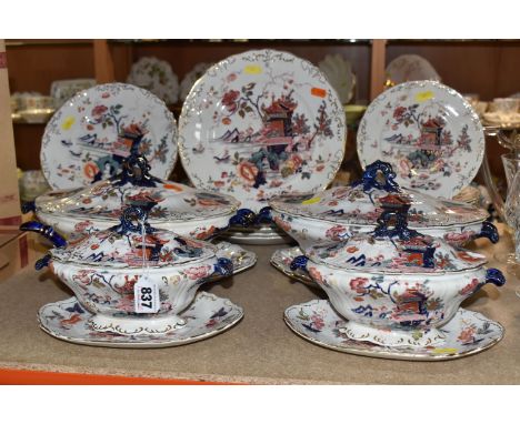 A COLLECTION OF S &amp; F CO. 'PEKIN' DINNERWARE to include two lidded tureens and stands, two lidded soup tureens (one with 