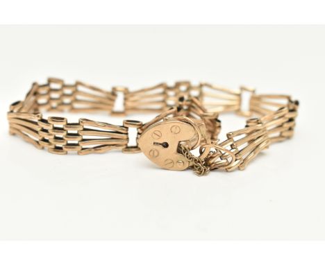 A 9CT GOLD GATE BRACELET, fitted with a heart padlock clasp, hallmarked 9ct London, with additional safety chain, length 180m