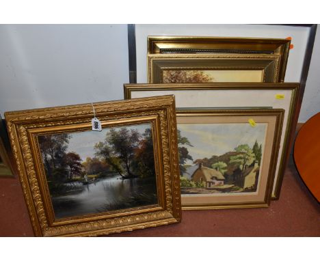 SIX DECORATIVE 20TH CENTURY PICTURES AND PRINTS, comprising an unsigned oil on board depicting  figures in a punt on a river,