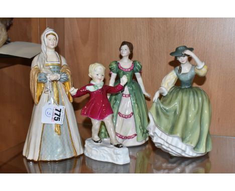 FOUR ROYAL WORCESTER AND ROYAL DOULTON FIGURES, comprising Royal Worcester Anne Boleyn no 2652, height 22cm and January no 34