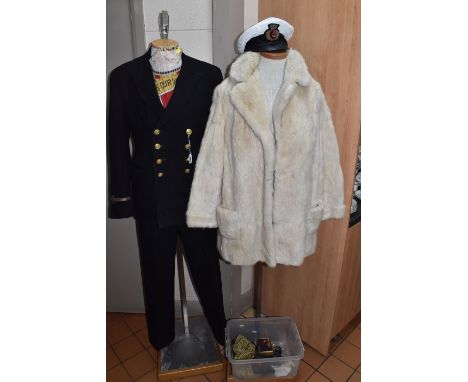 A VINTAGE 4TH ENGINEER MERCHANT NAVY UNIFORM, with cap, and epaulettes, two silk 'bow ties', a boxed velvet bow tie, and a la