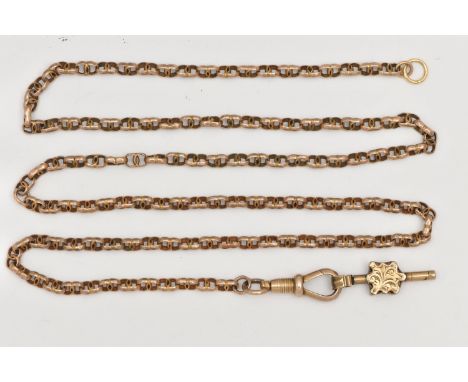 A YELLOW METAL FANCY WATCH CHAIN WITH WATCH KEY,  double linked chain fitted with a lobster clasp, unmarked, length 580mm, to