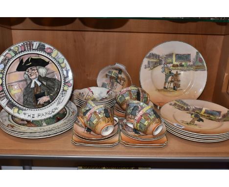 A COLLECTION OF DICKEN'S WARE, comprising six Royal Doulton dinner plates D6327 Sam Weller (chipped), Mr. Pickwick, Tony Well