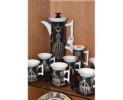 A PORTMEIRION 'MAGIC CITY' PATTERN COFFEE SET, designed by Susan Williams-Ellis comprising a coffee pot, milk jug, sugar bowl