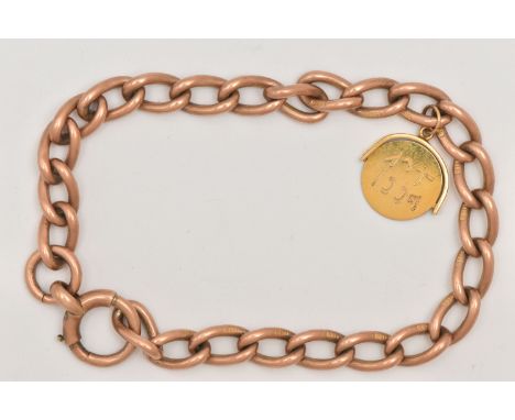 A ROSE METAL CURB LINK BRACELET WITH CHARM, each link stamped 9.375, fitted with a bolt spring clasp, length 200mm, fitted wi