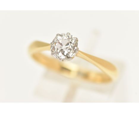 A YELLOW METAL DIAMOND SINGLE STONE RING, set with an old cut diamond, measuring approximately 6.2mm x 6.0mm x 4.4mm depth, e