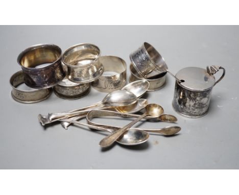 An Edwardian silver mustard pot, Birmingham, 1905, a set of six 'Onslow' pattern silver teaspoons by William Hutton &amp; Son