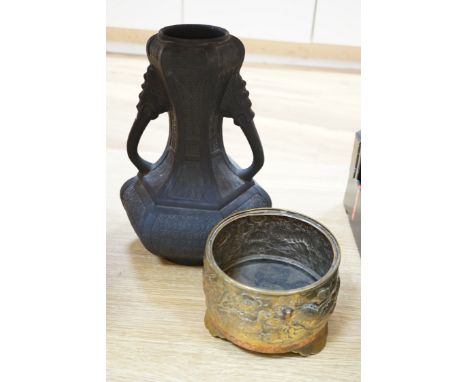 A Chinese copper and brass jardiniere and a faux bronze type vase