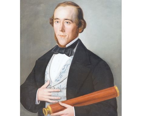 English School, oil on canvas, portrait of a man with a telescope, 76 x 64cm