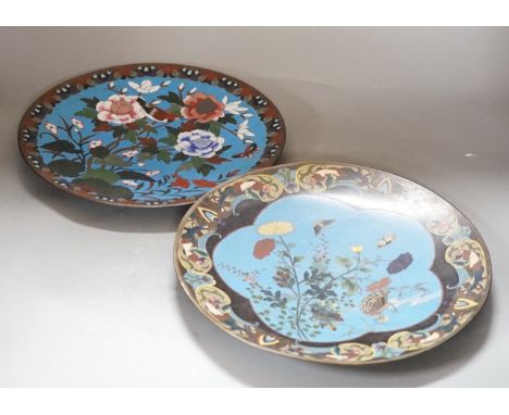 Two Japanese cloisonné enamel dishes, 30cms diameter