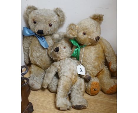 Three mid 20th century teddy bears including one Chad Valley and one Merrythought