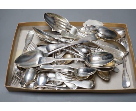 A quantity of assorted 19th century and later silver flatware, various patterns, dates and makers, including a set of eight m