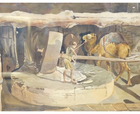 Nahat Nahapetian (Iranian, 1921-1993), watercolour, Camel turning a mill stone, signed and dated 1963, 36 x 46cm