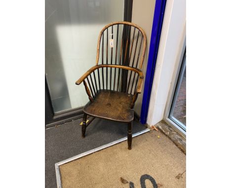 A mid 19th century ash, elm and beech Windsor comb back armchair, cut down, width 50cm, depth 40cm, height 99cm