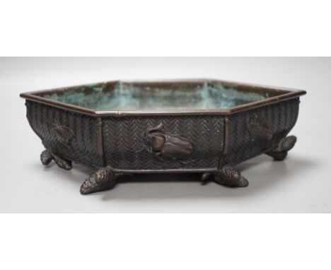 A Meiji period Japanese bronze hexagonal tray, signed to base. 29cm long