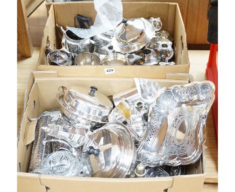 A large quantity of silver plated items including tea sets, egg cruet, goblet, cups, muffin dish and cover, napkin ring etc.