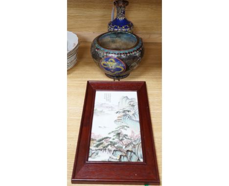 A Chinese framed ceramic plaque, a Chinese cloisonné enamel  vase and bowl, plaque 30cms high x 15cms wide