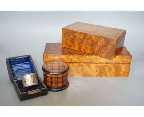 Burr walnut and parquetry box, burr yew box, tartanware box and cased silver napkin ring, tartan box 6.5 cms high