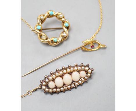 An Edwardian yellow metal, turquoise and split pearl set openwork brooch, 22mm, a similar coral and split pearl set ovoid bro